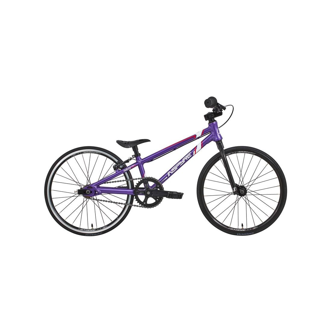 The Inspyre Neo Micro Bike 2026 is a purple BMX-style bicycle with black tires, a black seat, and subtle white and pink accents, displayed on a white background.
