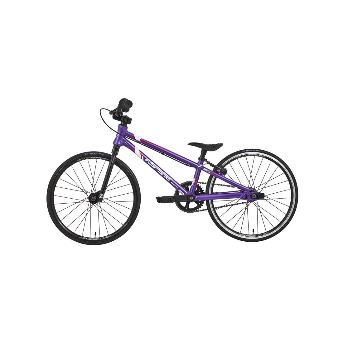 The Inspyre Neo Micro Bike 2026 is a purple BMX-style bicycle with black tires, black seat, and straight handlebars, shown in side profile on a white background.