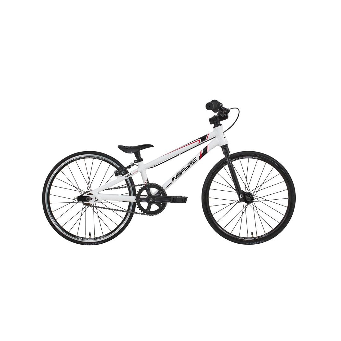 Side view of the Inspyre Neo Micro Bike 2026, a white BMX-style bicycle featuring black tires, handlebars, and a small black saddle, set against a plain white background.