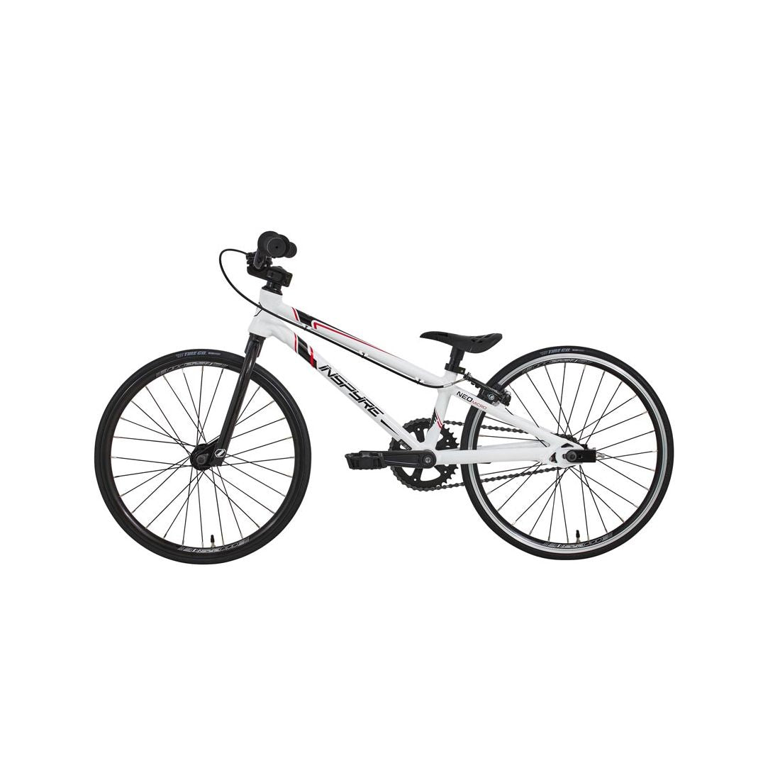 The Inspyre Neo Micro Bike 2026 is a white BMX-style bicycle with black handlebars, seat, and tires, displayed in profile against a plain white background.