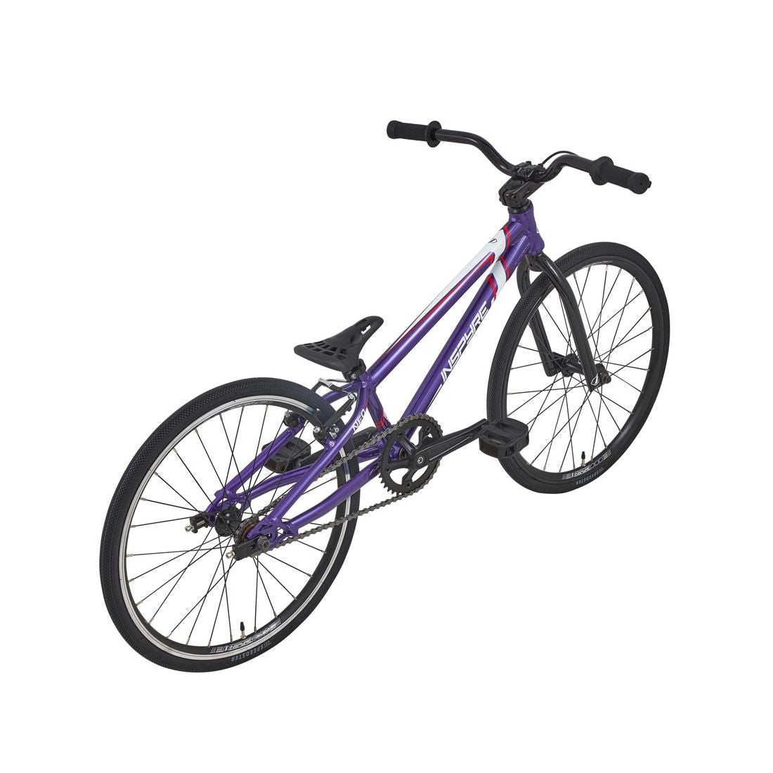 The Inspyre Neo Mini Bike 2026 is a purple and white BMX race bike with a single gear, black pedals, and a perforated seat—ideal for kids or entry-level BMX racers. Shown from the rear side on a white background.