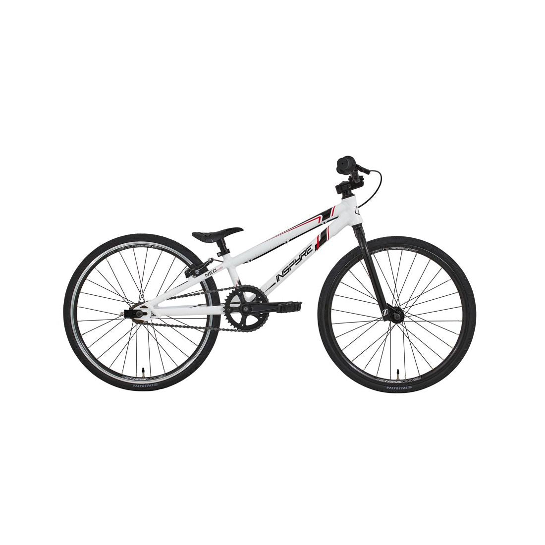 The Inspyre Neo Mini Bike 2026 is a white BMX race bike with black tires, black seat, and red and black accents, shown in profile on a white background—perfect for kids' BMX racing or as an entry-level race bike.