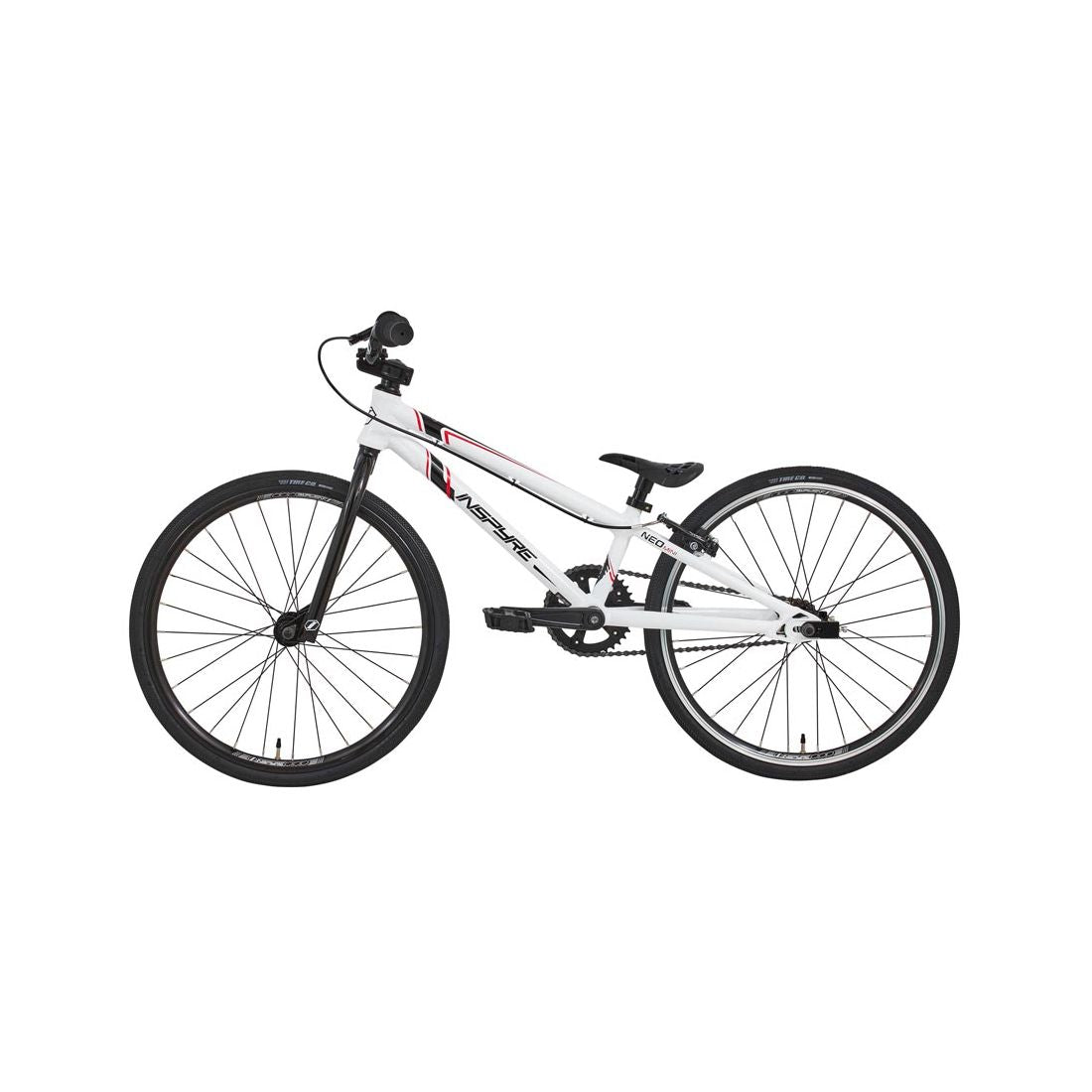 A side view of the Inspyre Neo Mini Bike 2026—a white BMX race bike with black handlebars, seat, and wheels—photographed against a plain white background. Ideal for kids' BMX racing or anyone seeking an entry-level race bike.
