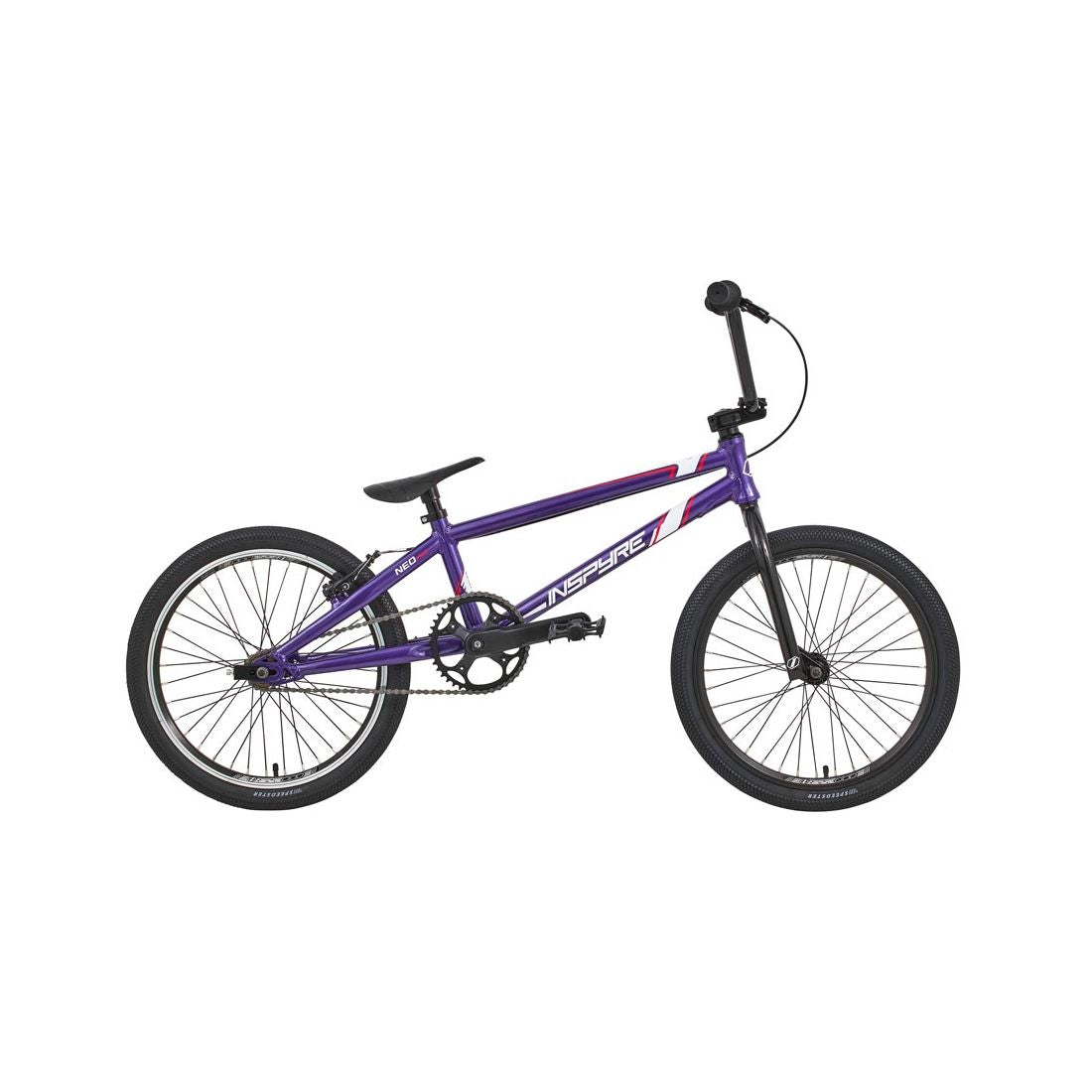 The Inspyre Neo Pro Bike 2026 features a purple frame, black tires, flat handlebars, and a black seat in a side view on a white background—ideal as an entry-level BMX for new riders.
