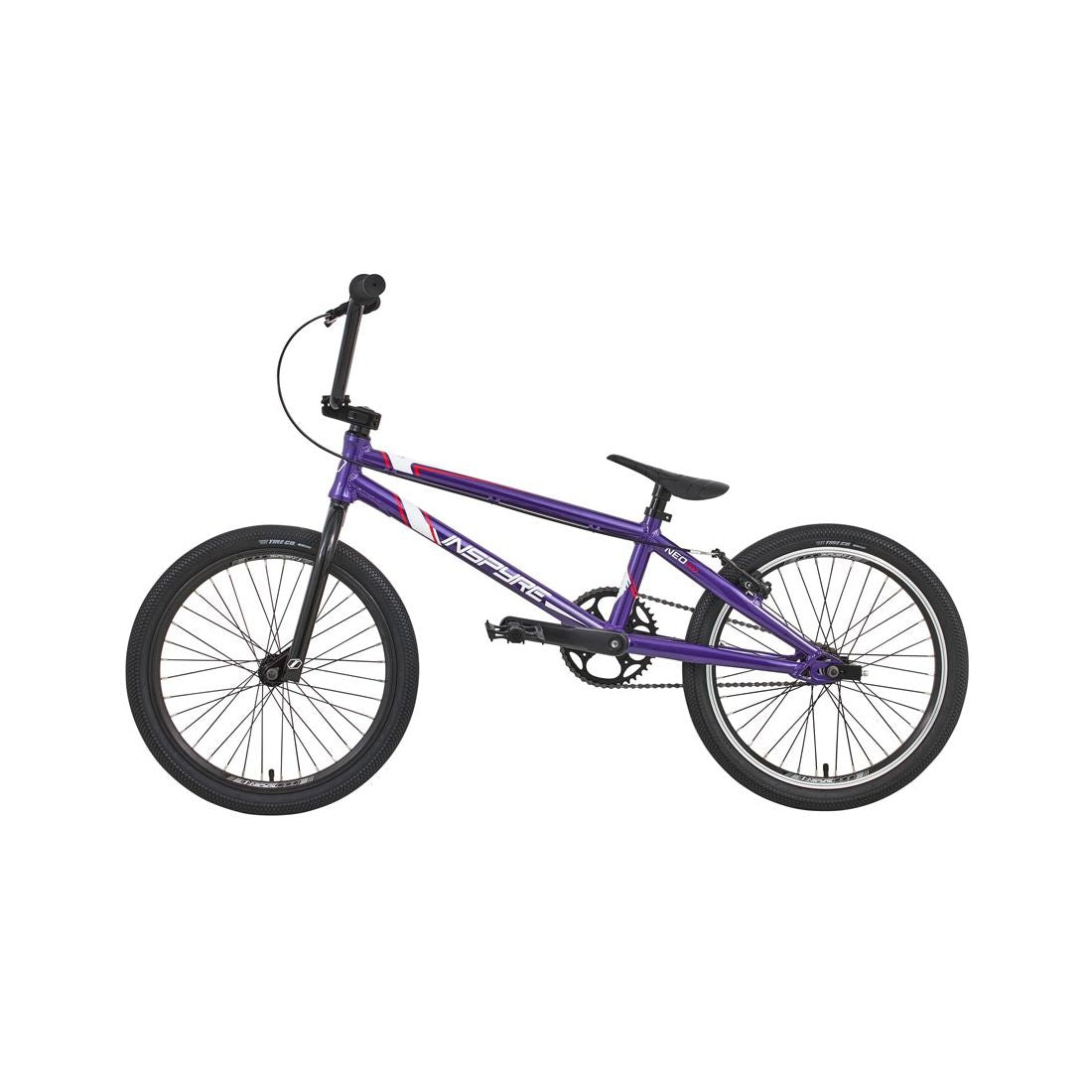 The Inspyre Neo Pro Bike 2026, shown in purple with black wheels, a black seat, and pink accents in profile against a white background—ideal as an entry-level BMX bike.