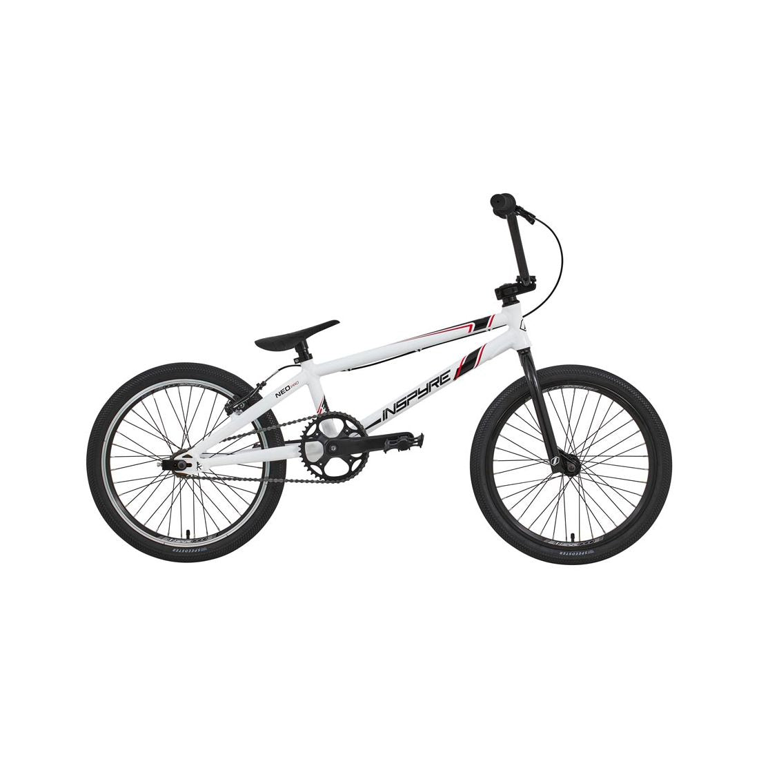 The Inspyre Neo Pro Bike 2026 is an entry-level BMX race bike with a white frame, black wheels and handlebars, plus subtle red and gray graphics, shown in side profile on a white background.