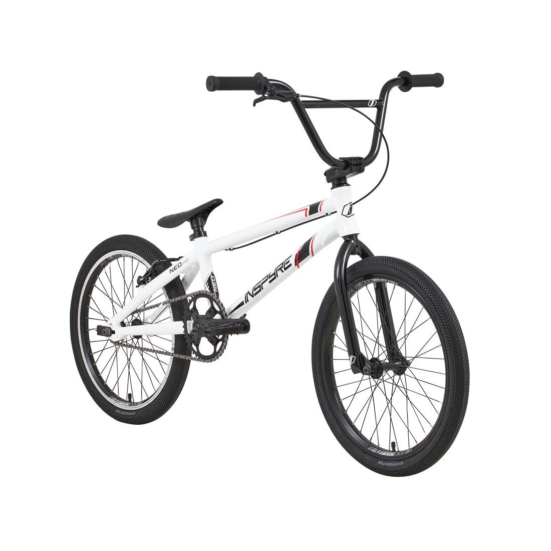 The Inspyre Neo Pro Bike 2026 is a white entry-level BMX race bike with black handlebars, seat, and tires, featuring red and black frame accents, displayed against a plain white background.