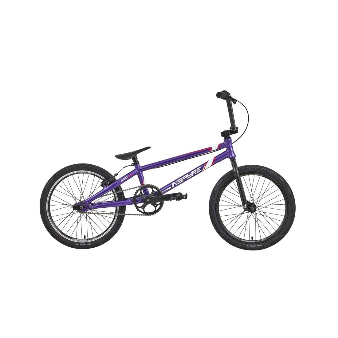 The Inspyre Neo Pro XL Bike 2026, a purple BMX race bike with an aluminium frame, black tires and seat, and straight handlebars, is shown in profile on a white background.