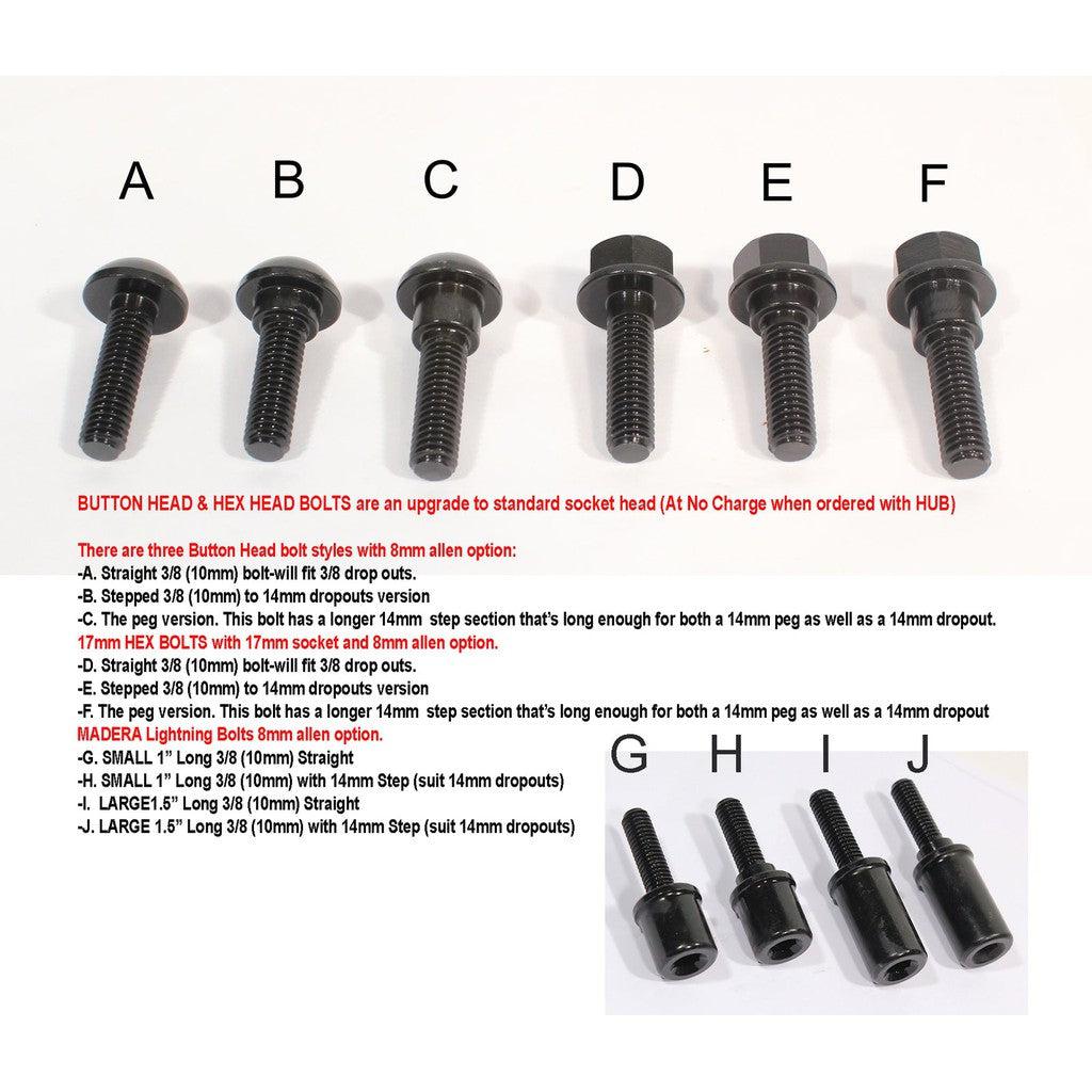 The image displays button head and hex head bolts, labeled from A to J, including straight and stepped types. The sizes range from 3/8" to 1.5", with optional alien bolts available. These are ideal for upgrading a **Profile Mini/Elite Rear Threaded Axle**.