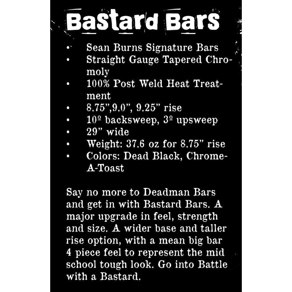 The "Bone Deth Bastard Bars" black poster features the Sean Burns Signature BMX Bars. Explore its size, weight, and vibrant colors highlighted in crisp white text with bullet points for easy reading.