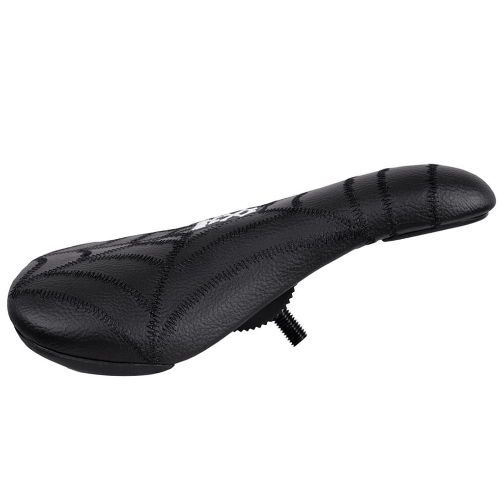 A black BMX bicycle saddle, the Bone Deth Spider Pivotal Seat, features a patterned surface and a visible mounting screw.