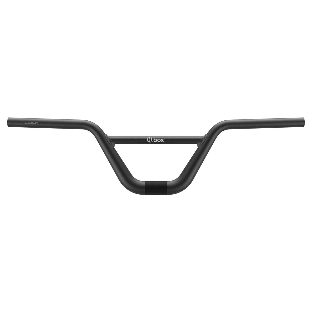 The Box One Oversized 31.8 Alloy Bars is a black BMX handlebar made from hardened aluminum, featuring a central bar connecting the two grips.