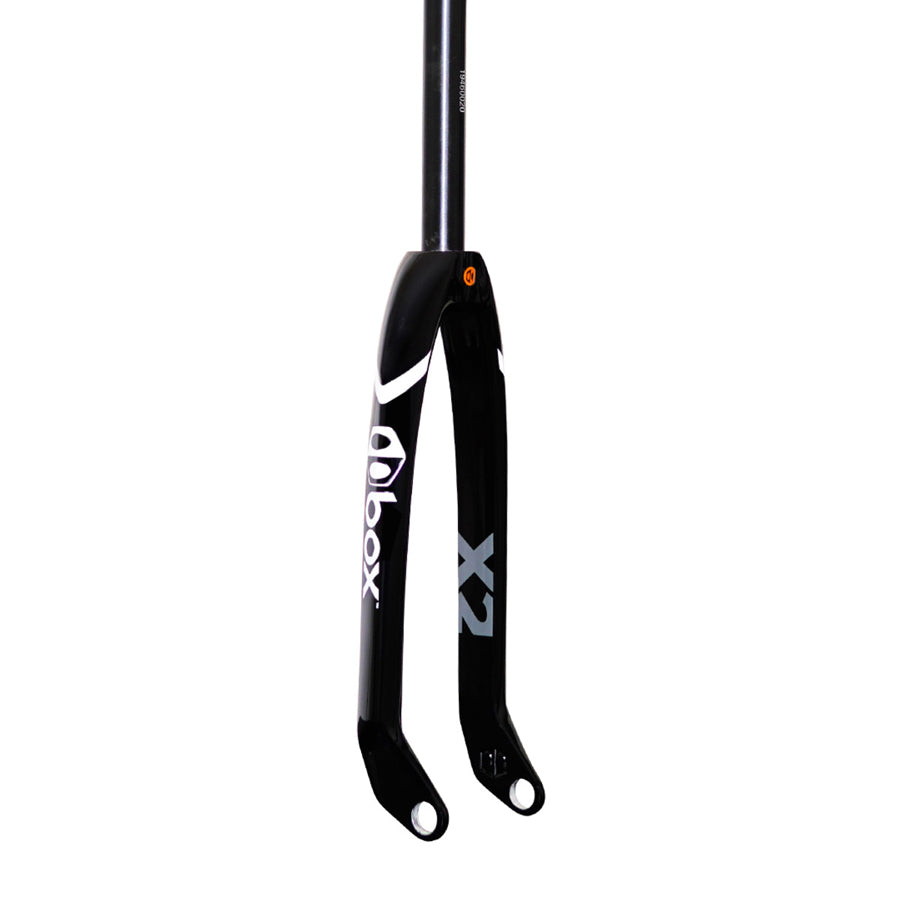 The Box One X2 24 Inch 20mm Carbon Forks feature "box" and "X2" in white text, designed for BMX racers. With two mounting holes at the ends and a black tube, they're ideal for 24-inch bikes.