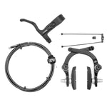 The Kink Desist II Brake Kit in black—featuring lever, brake arms, Kool-Stop pads, cable, and hardware—is displayed on a white background, offering BMX riders reliable stopping power.