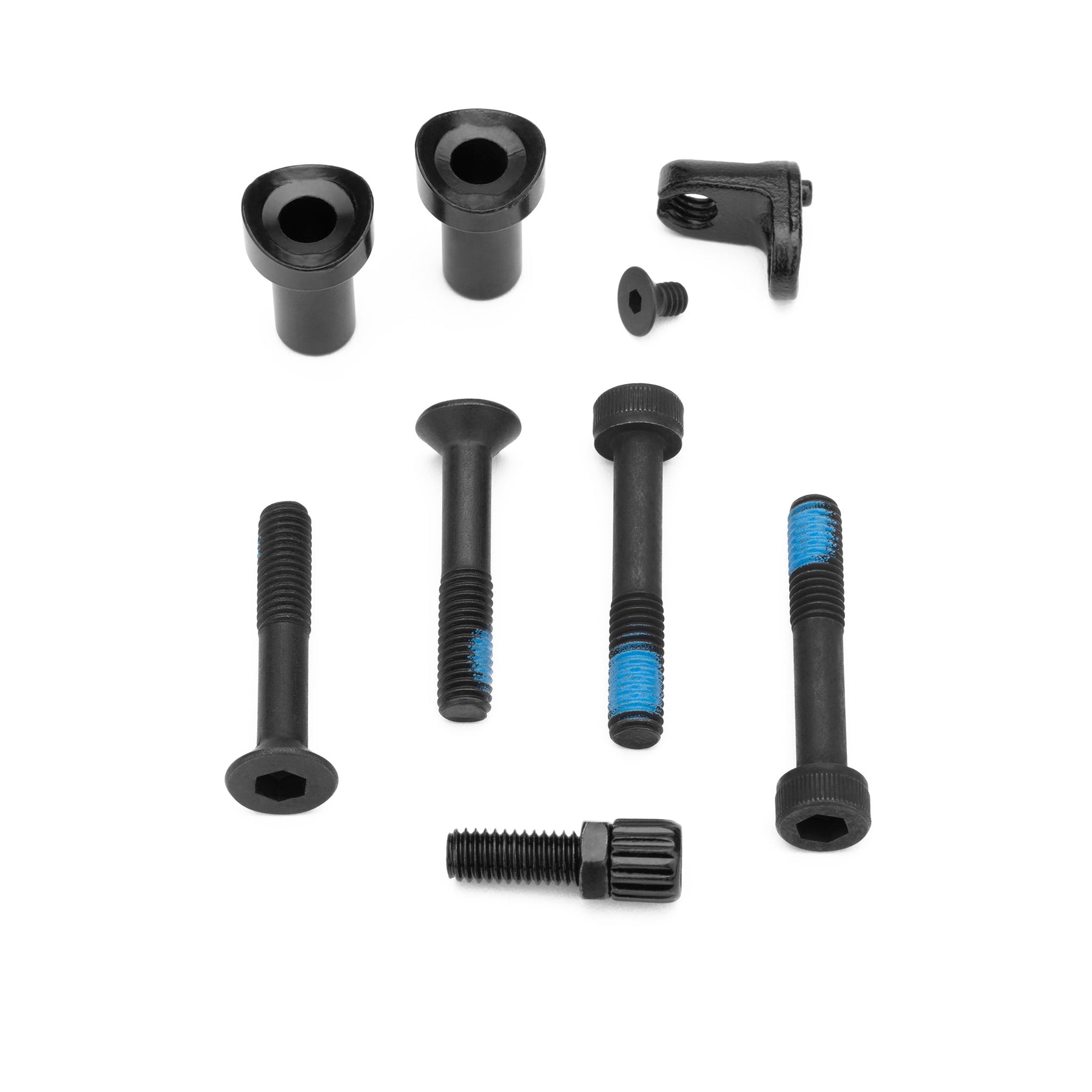 The Kink Brake Mount Kit (M6 P1.0) includes nine assorted black metal bolts and screws, some with blue threadlocker—ideal for use with a removable brake mount kit or as replacements for your Kink frame brake kit.