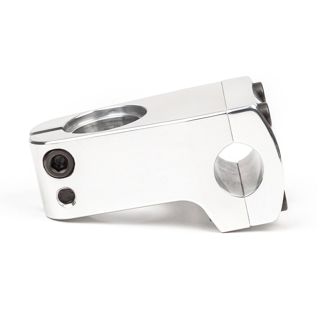 Close-up of the durable BSD Dropped Front Load Stem in sleek silver, with two black bolts on a white background.