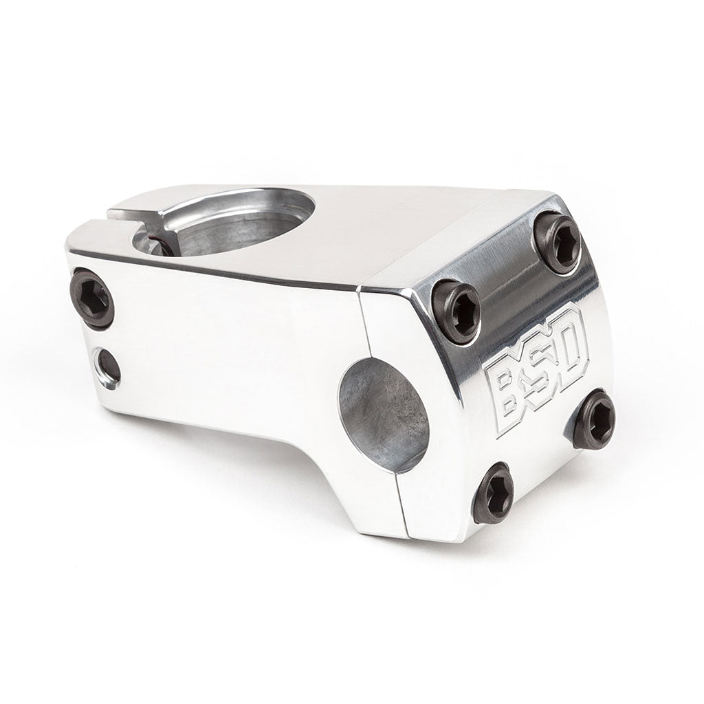 The BSD Dropped Front Load Stem in silver is renowned for its durability, multiple screw holes, and the iconic BSD logo.