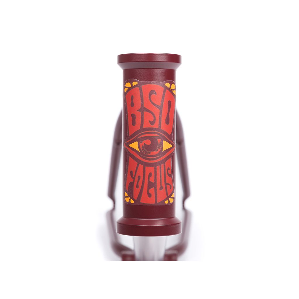 A close-up of the BSD Focus Frame (Gaspar Guendulain) head tube, featuring a bold eye graphic and "BSD FOCUS" lettering—a signature BMX frame designed in collaboration with Gaspar Guendulain.