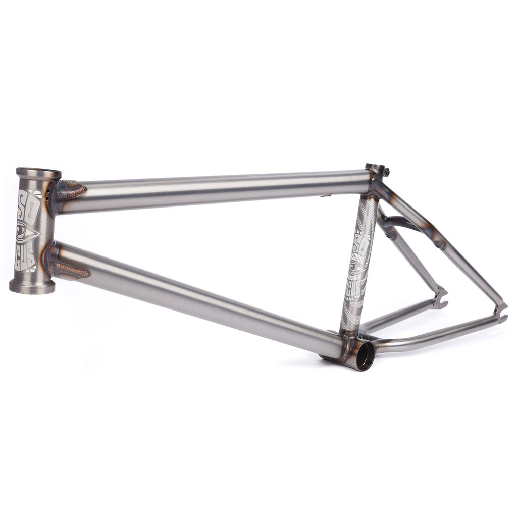 The BSD Focus Frame (Gaspar Guendulain) is a raw titanium BMX frame featuring etched graphics, displayed side-on against a white background—a signature design inspired by Gaspar Guendulain.