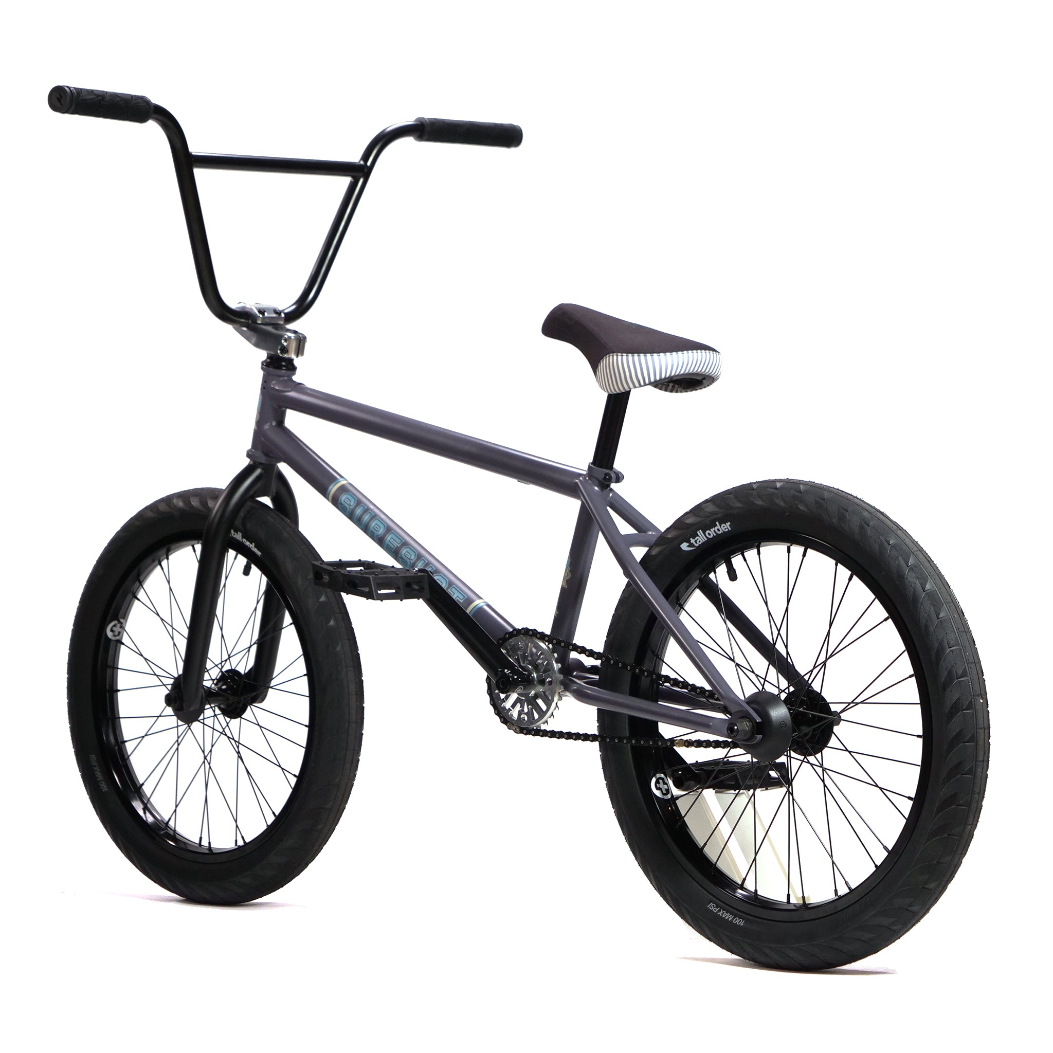 The BSD Long Shot Custom BMX Bike features a gray frame with black seat, handlebars, and tires, set at an angle against a white background.