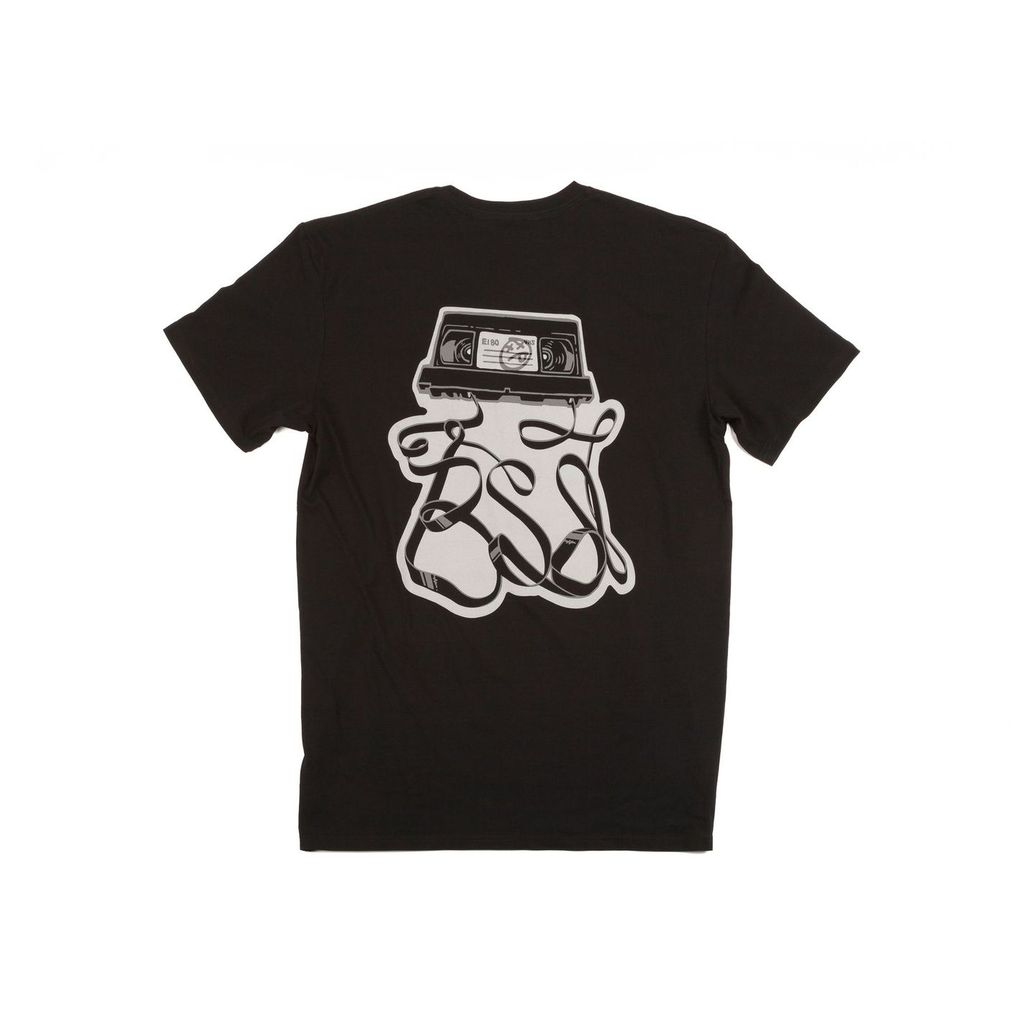 The BSD Mixtape Unreel T-Shirt features a bold back graphic of a cassette tape with unraveled loops, celebrating mixtape nostalgia and the classic “be kind, rewind” message.