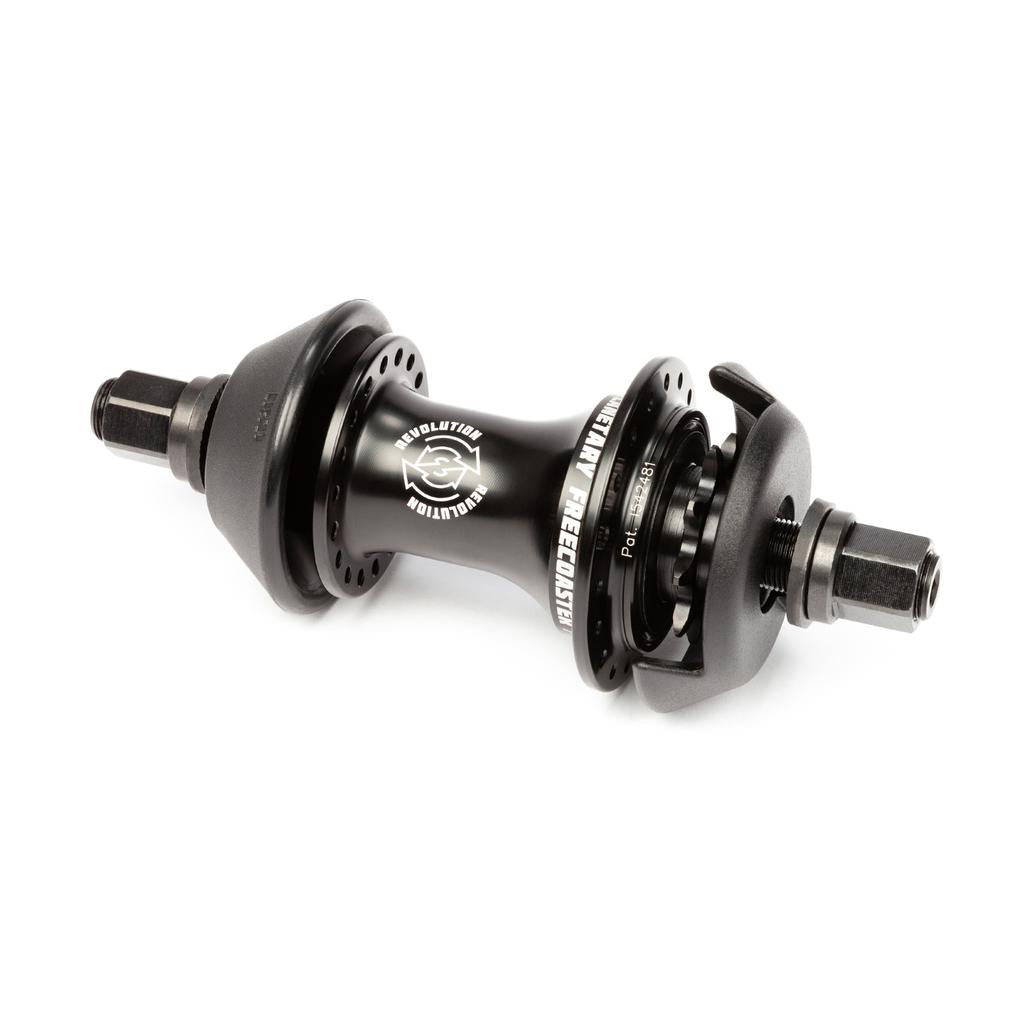 The BSD Revolution Rear Freecoaster Hub, shown in black with gears and bolt threads on both ends, features an advanced Planetary clutch system against a white background.