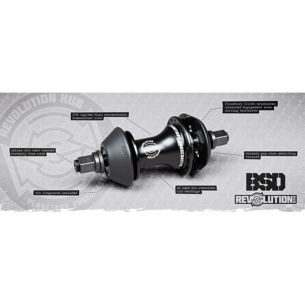 The BSD Revolution Rear Freecoaster Hub, with engravings and a hollow 4130 axle, is 20% lighter. It boasts an advanced planetary clutch system, included hubguards, and prominently displays various logos.