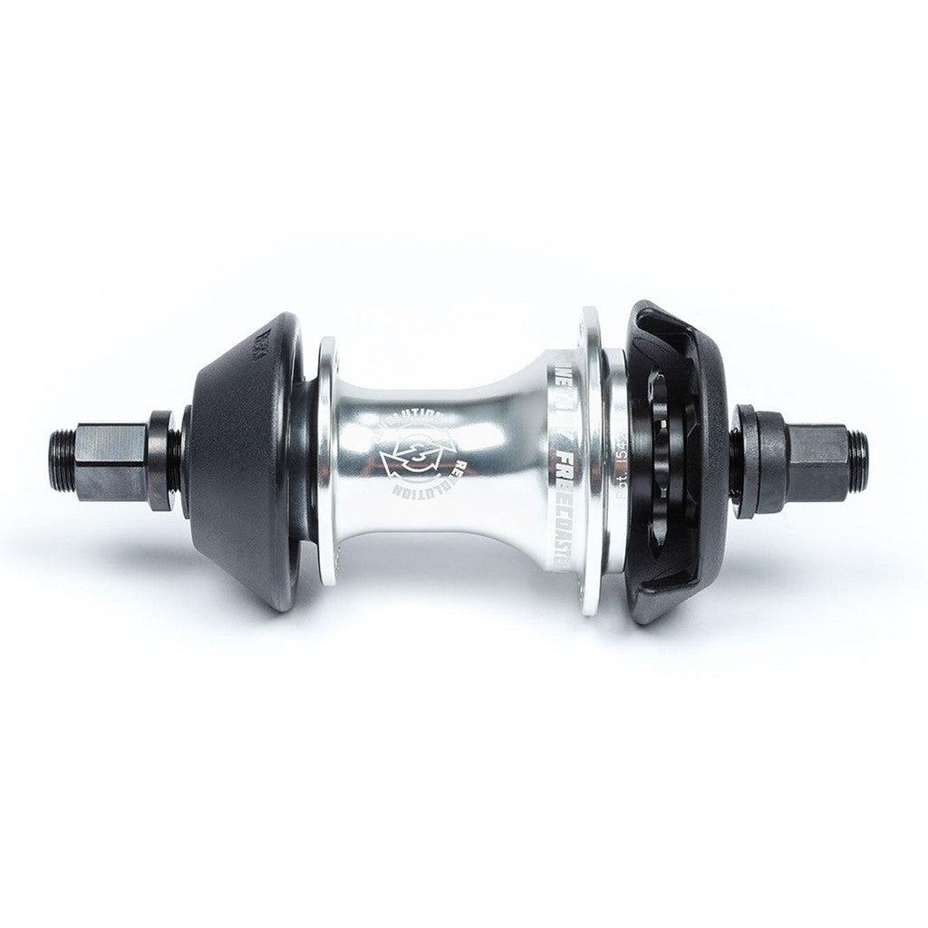 Introducing the BSD Revolution Rear Freecoaster Hub, a sleek black and silver design with hexagonal nuts, a central logo, and an innovative planetary clutch system for seamless rides.
