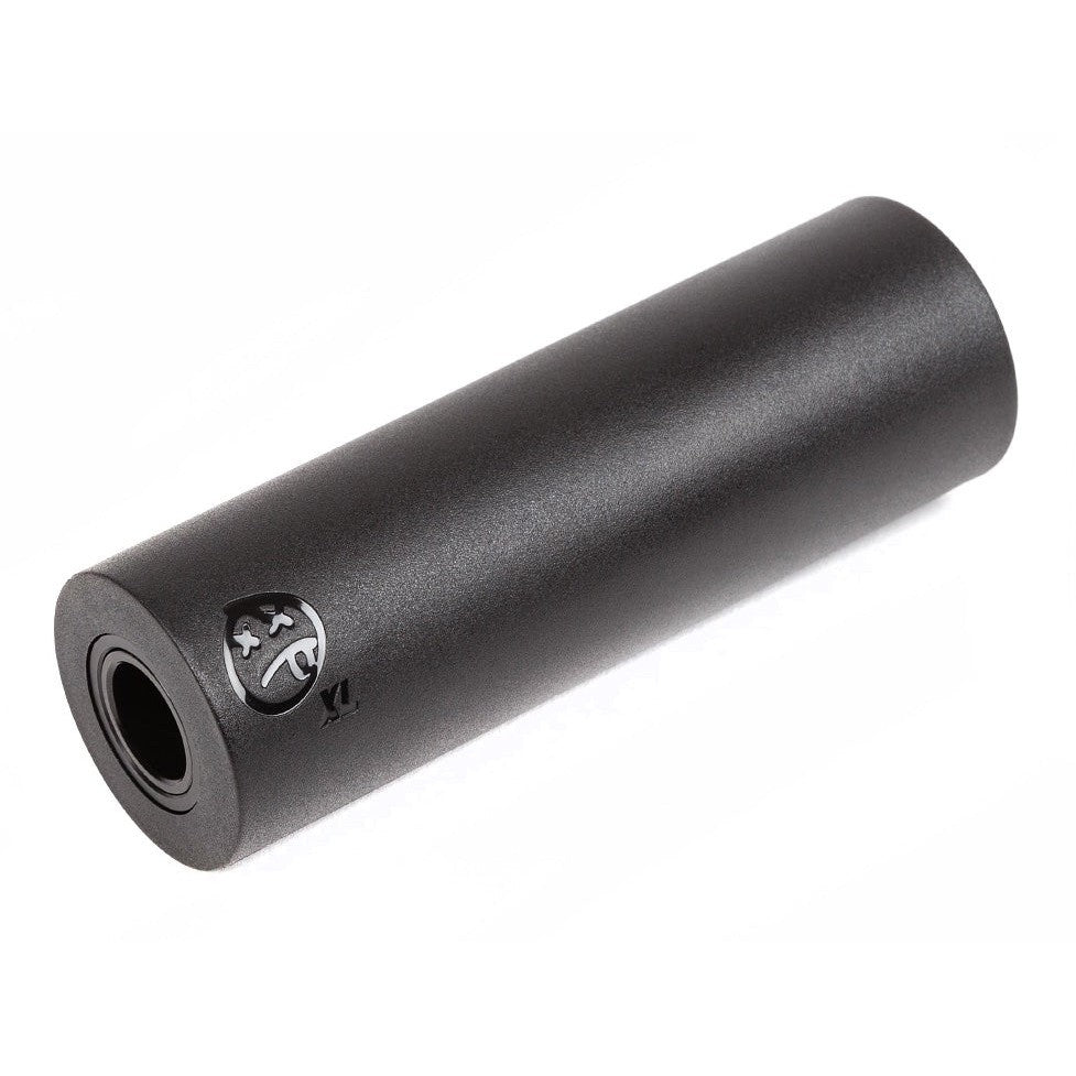 The black cylindrical BSD Rude Tube LT XL V2 Alloy/PC Peg, adorned with a bold logo and "XL" on the side, rests elegantly on a white background. Featuring a durable plastic sleeve, it ensures reliability for intense workouts.