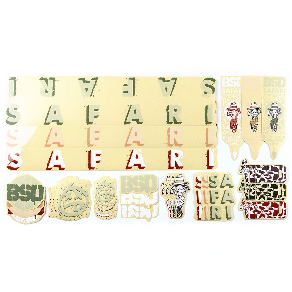 The BSD Safari Frame 2019 Decal Set, featuring stickers with "SAFARI" and "BSD," as well as images of animals and abstract designs on a white background, creates a vibrant safari frame for your collection.