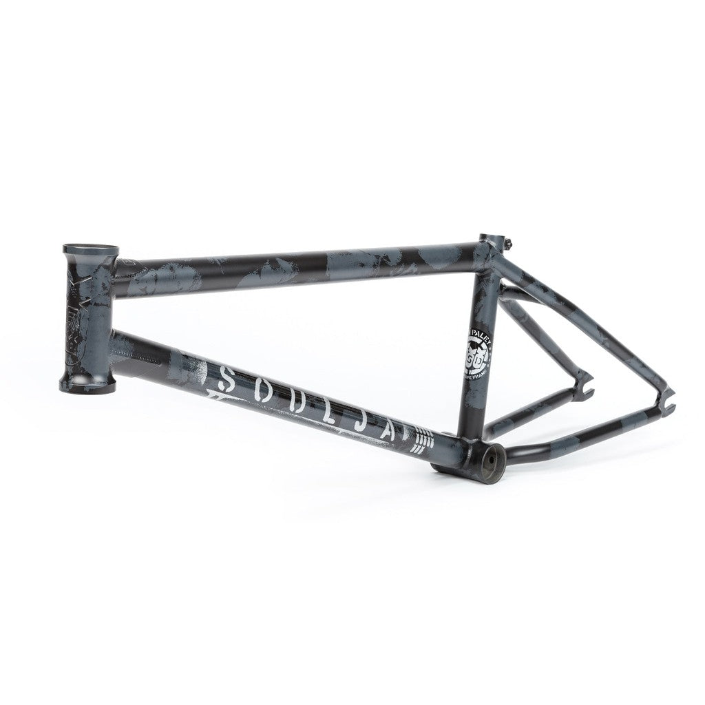 BSD Soulja V3 Frame with visible logos and scratches, featuring invest cast dropouts, isolated on a white background.