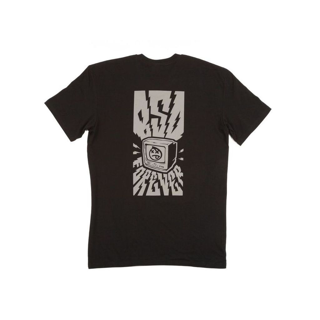 This BSD Switched On Tee features a black T-shirt showcasing a graphic of an old-fashioned computer monitor emitting lightning bolts, with the words "OFF FEVER" printed below it. Remind your friends of those times parents told us our eyes will go square from too much screen time!