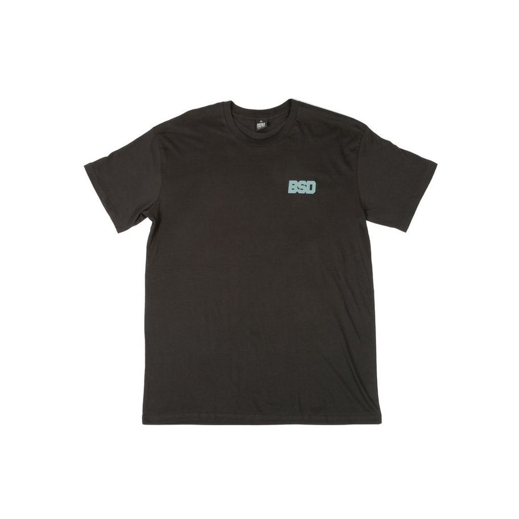 A black T-shirt with short sleeves, featuring a small "BSD" logo in light blue on the upper left chest area. Perfectly named the BSD We Here Forever Tee, this shirt is a timeless piece that's never gonna fade away.