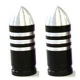 A pair of Bullet With Stripes Valve Caps in silver and black showcases pointed tips and horizontal stripes.