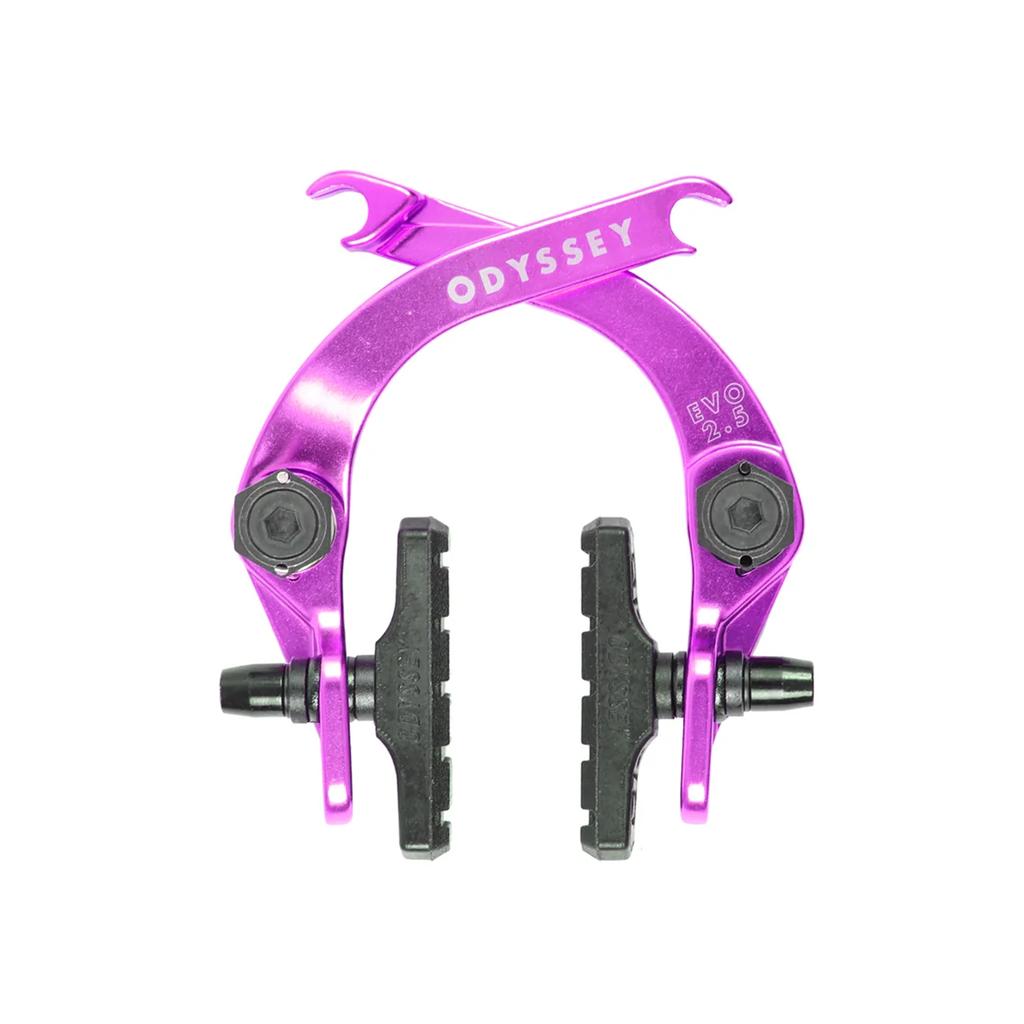The Odyssey Evo 2.5 Brakes, in purple, with modular hardware, two brake pads, and mounting bolts—ideal for larger tires—are shown against a white background.