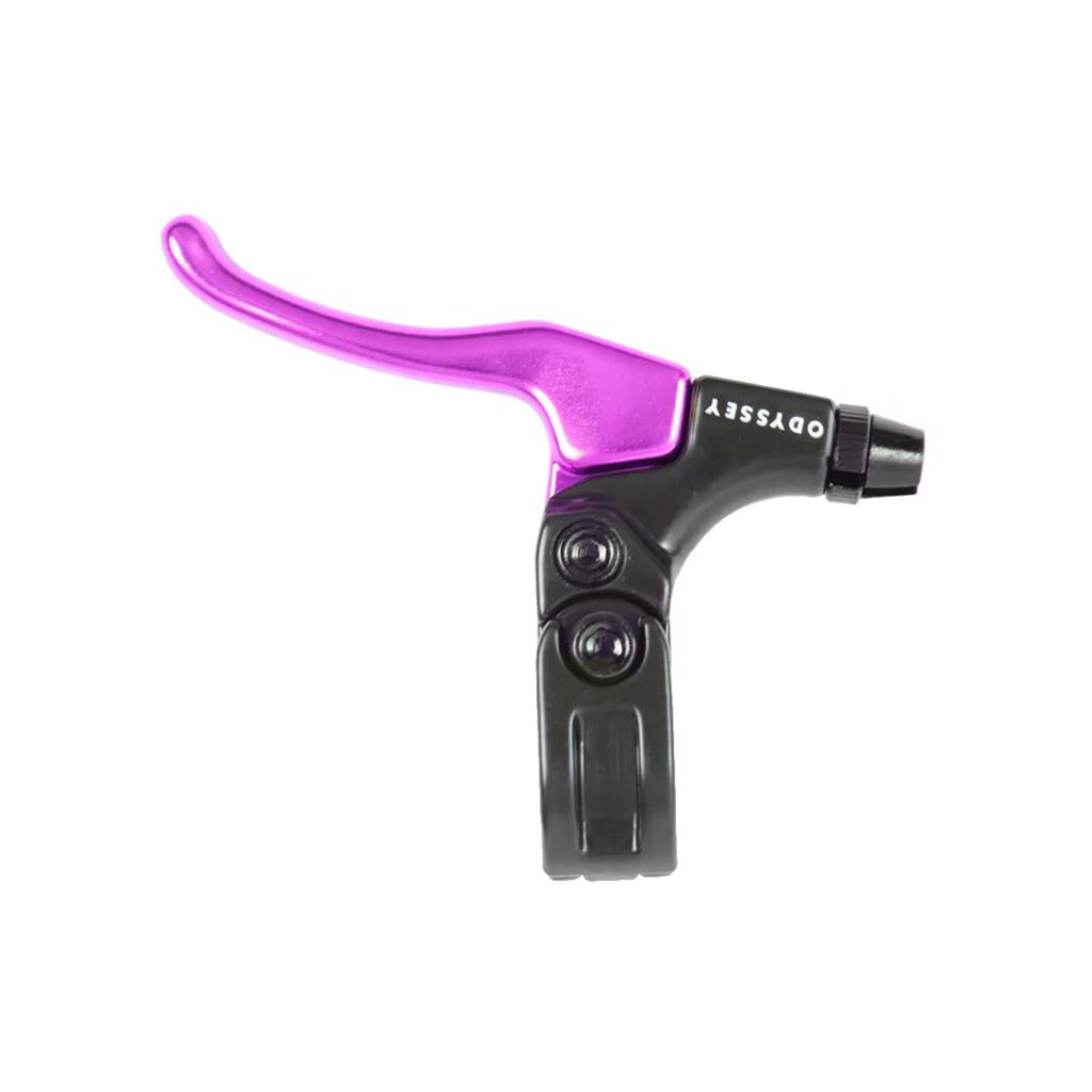 The Odyssey Monolever Medium Lever is a purple and black, gyro-compatible bicycle brake lever with "Odyssey" printed on the black area and a hinged clamp for easy installation.
