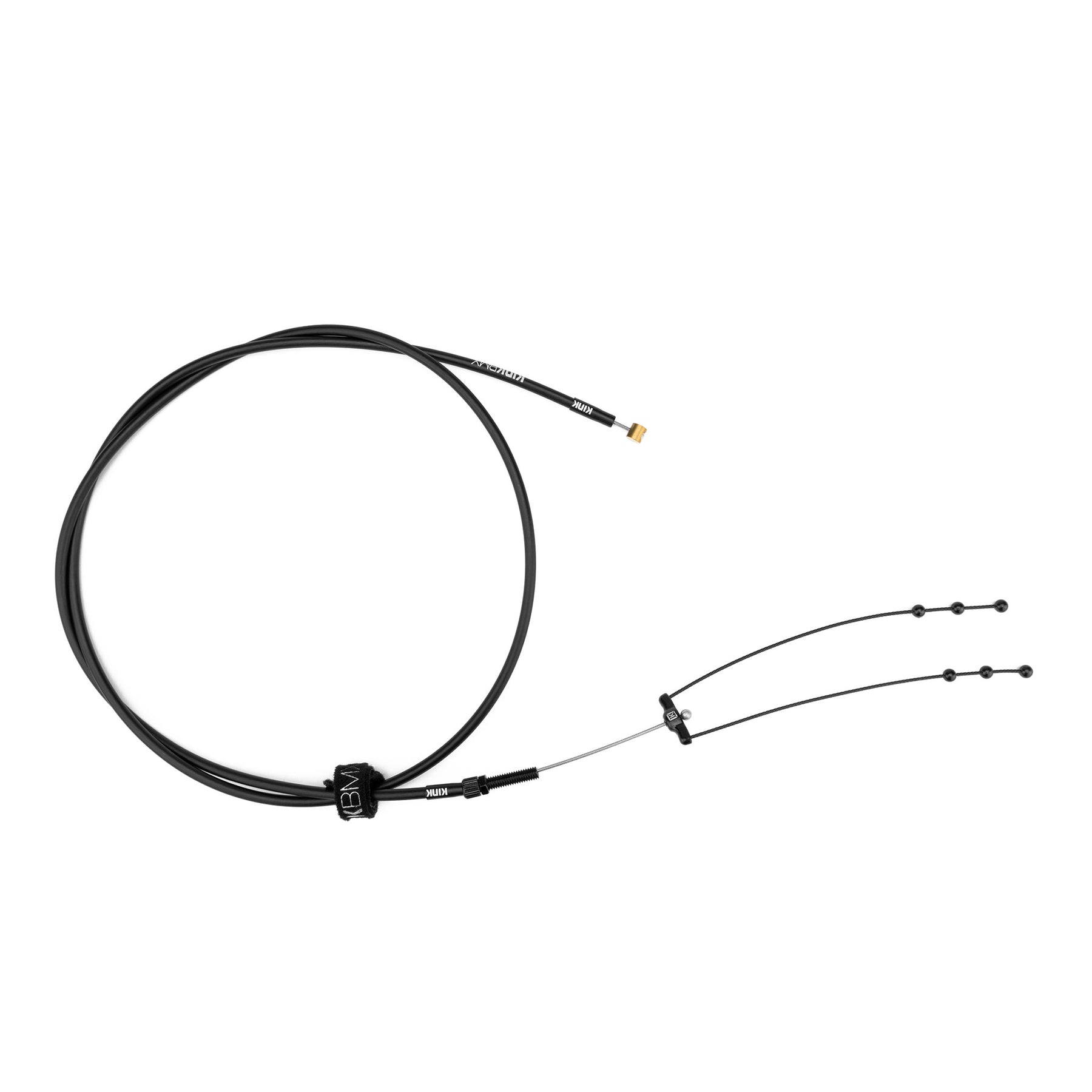 The Kink Linear One Piece Brake Cable, shown in black with housing and two cable ends, is a one-piece BMX brake cable displayed on a white background.