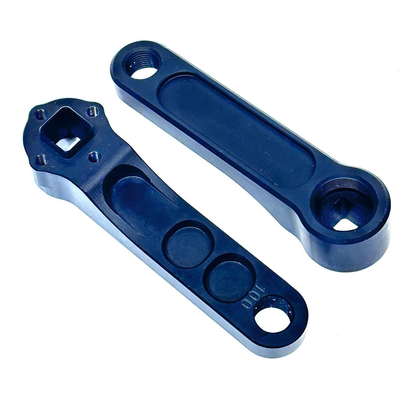 The Calculated VSR M4 Mini Cranks are two blue metal crank arms made from 7075 aluminum for BMX racing, with drilled holes and threaded ends. Displayed side by side on a white background, they showcase the precision and quality of Santa Cruz factory craftsmanship.