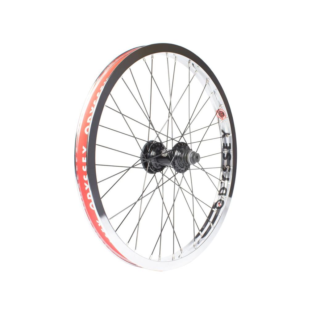 The Odyssey Hazard/Antigram V2 Rear Wheel features a black Antigram hub, spokes, and a Hazard Lite rim with red and white "Odyssey" branding—ideal for fans of Odyssey bike parts.