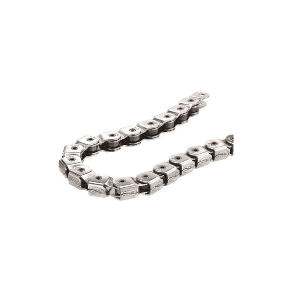 A close-up of the KMC KK710 Single Speed Half Link Chain, curved and displayed on a white background.