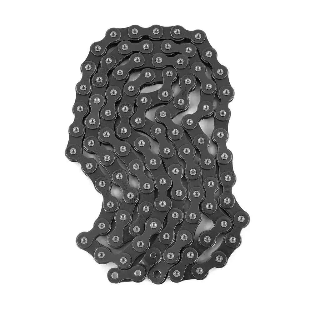 A dark metal Mission 510 freestyle BMX chain coiled against a white background.