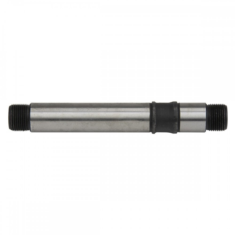 The Chase Element OEM Rear Cassette Axle is a chromoly threaded metal axle with two black ends and a central rubber ring, created as a replacement rear axle for Chase Elements Complete Pro Size Bikes, shown on a white background.