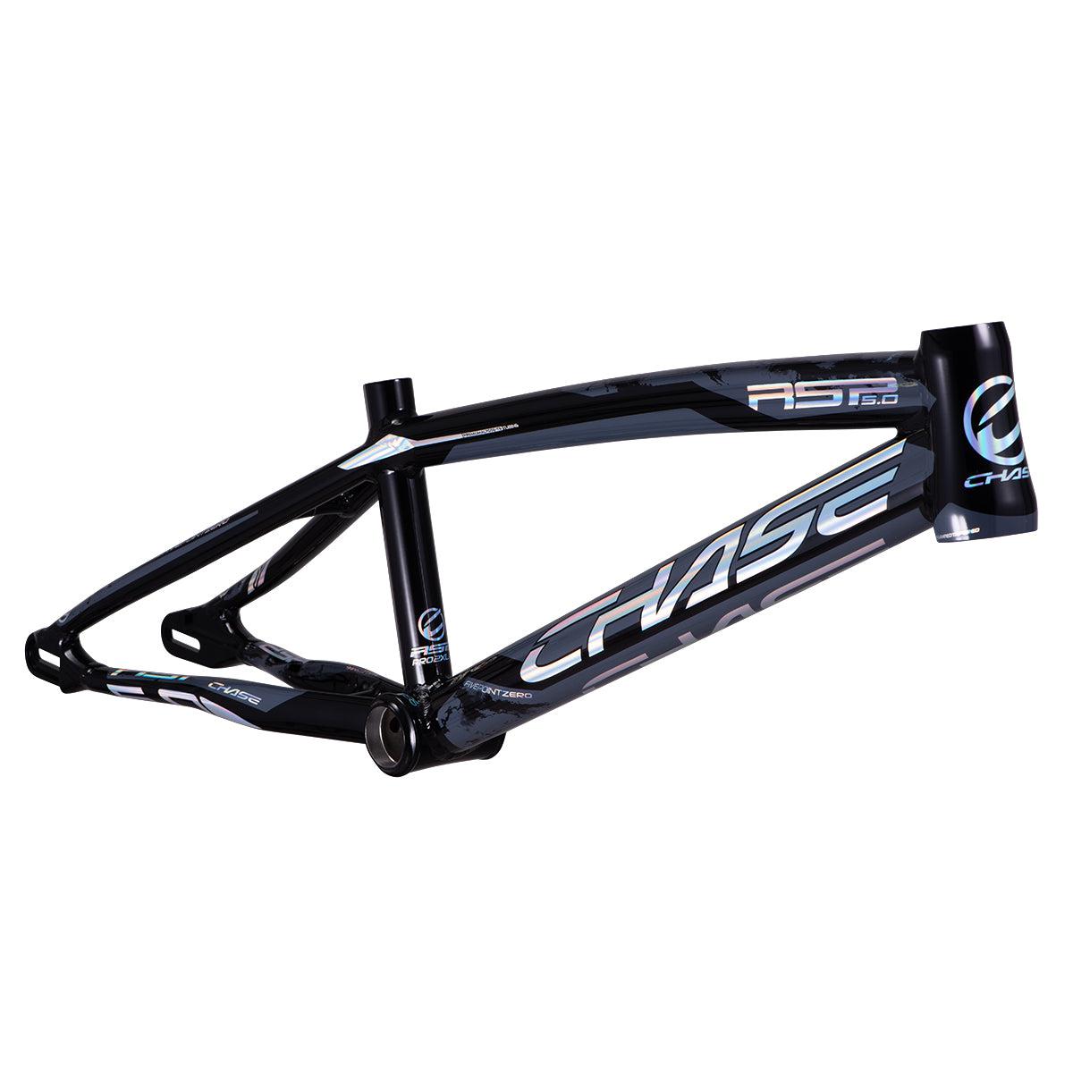 Image of a black Chase RSP 5.0 BMX Race Frame Pro XXL with white "CHASE" branding on the side, showcasing the sleek design and structure intended for peak performance.