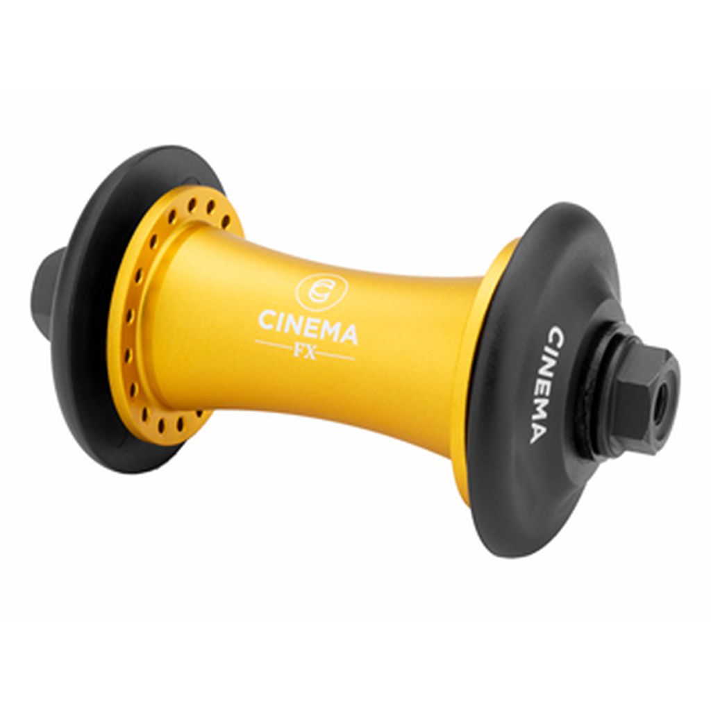 The Cinema FX Front Hub, featuring a yellow body and black axle nuts, includes flanges on both ends and boasts a hollow chromoly center axle for enhanced durability. The Cinema logo embellishes the hub's body and one flange, adding a stylish touch. Nylon hub guards offer additional protection for your ride.