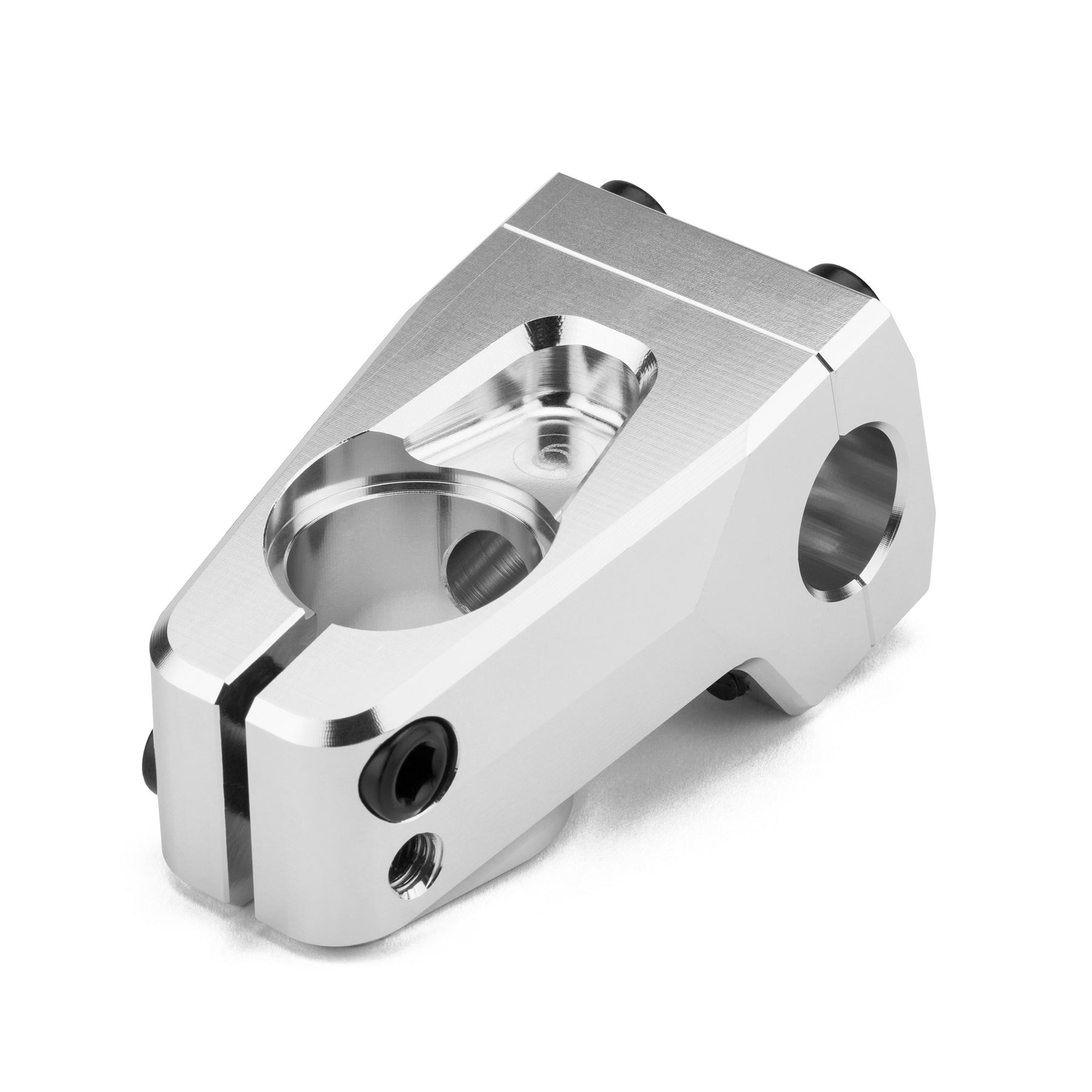 A silver, angular metal component with multiple holes and screws, likely a precision-engineered Cinema Projector Stem.