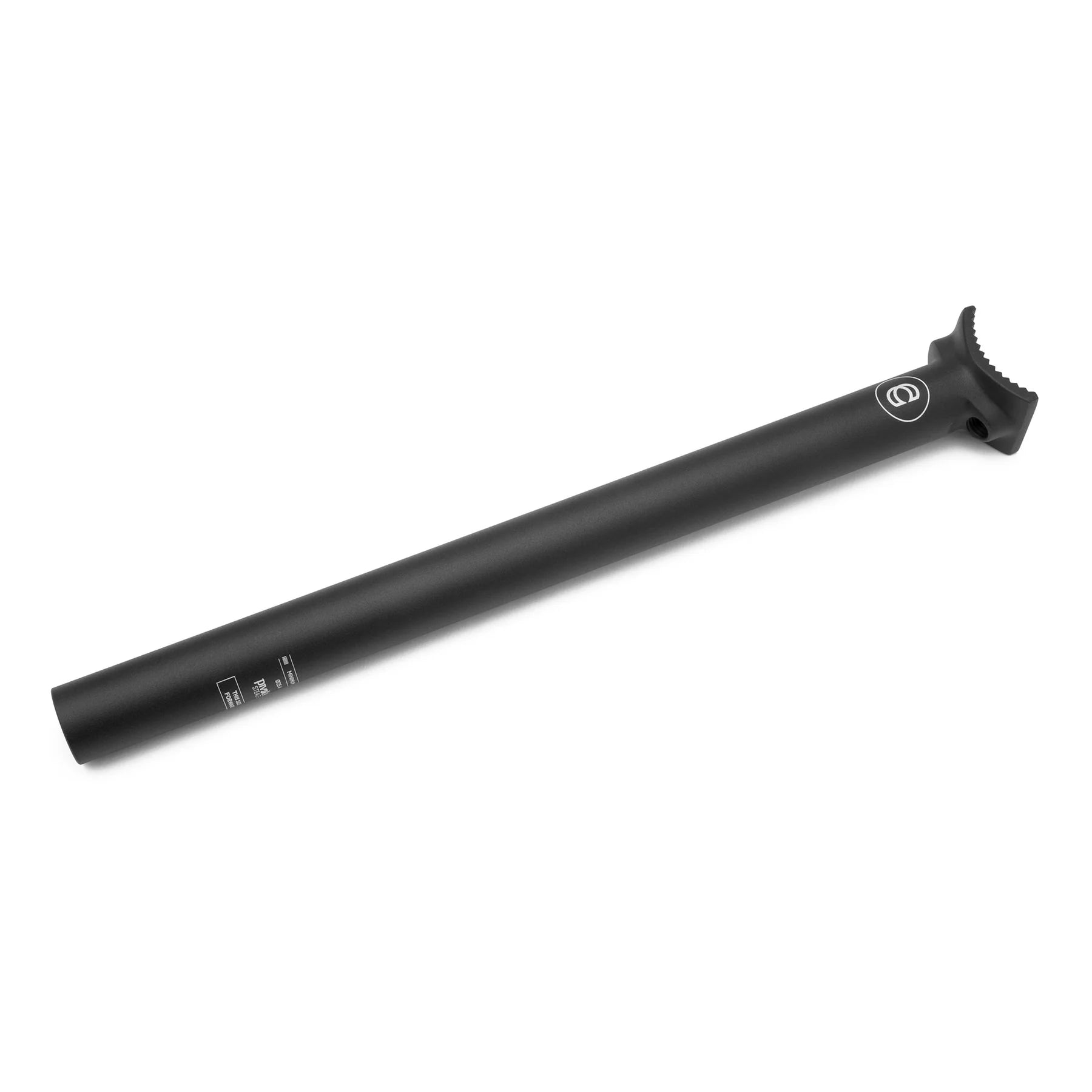 The Cinema Stealth Pivotal Post is a black 3D forged 6061-T6 aluminum seatpost with a matte finish, measurement markings, and a subtle logo at the clamp. It's compatible with both Stealth and traditional Pivotal seats.
