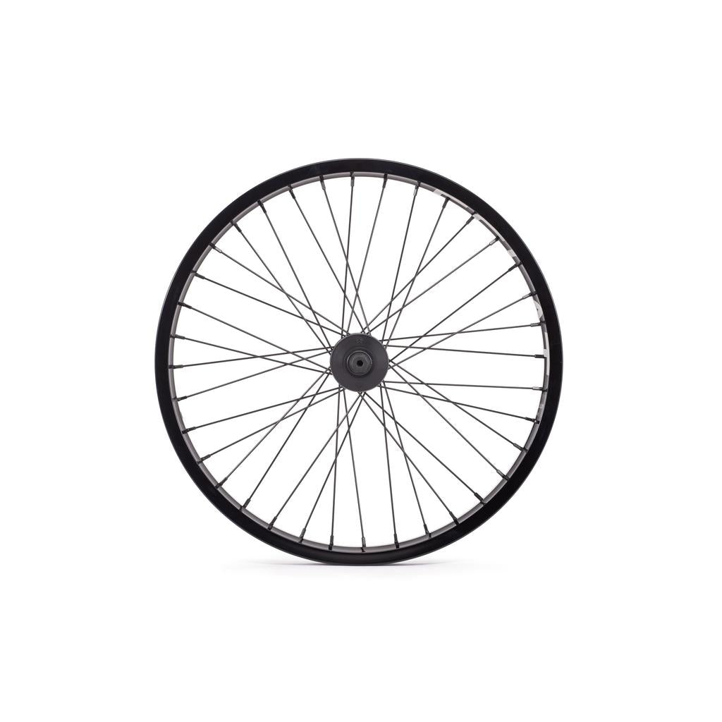 The Eclat Cortex X Bondi Logo Front Wheel in black, with spokes and the Bondi Logo on the rim, is displayed against a plain white background.