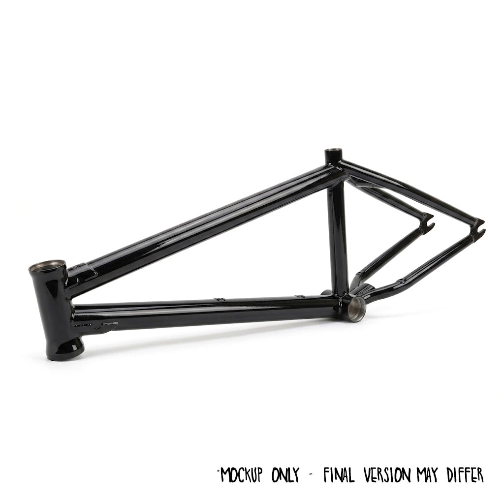 A glossy black Terrible One Pneuma Frame (Cody Pollard and Matt Cordova Signature) is displayed horizontally against a white background. Text below reads, “MOCKUP ONLY - FINAL VERSION MAY DIFFER.”.