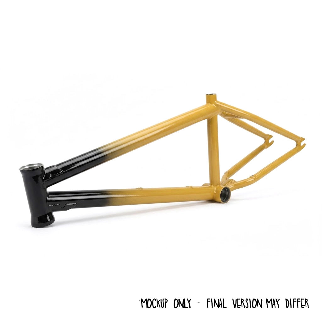 A Terrible One Pneuma Frame (Cody Pollard and Matt Cordova Signature) featuring a striking yellow-to-black gradient paint finish is displayed on a white background. Text below reads “MOCKUP ONLY - FINAL VERSION MAY DIFFER.” This design highlights the exceptional collaboration between Cody Pollard and Matt Cordova for an outstanding BMX frame.