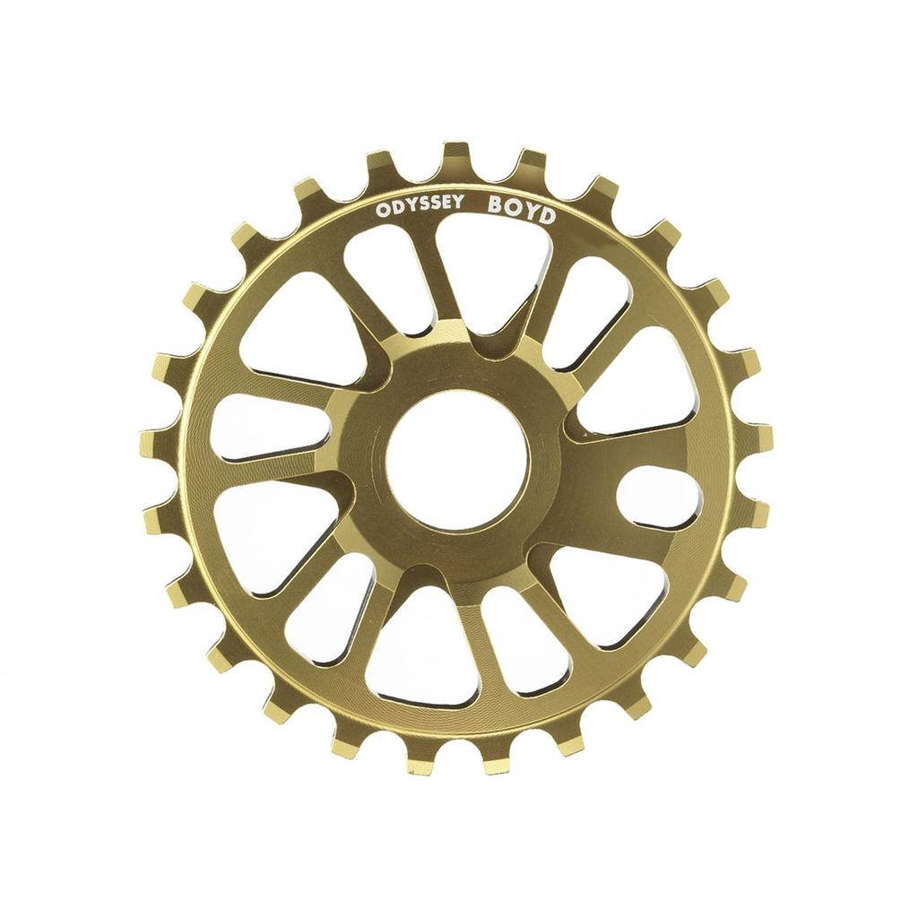 The Odyssey Boyd Sprocket is a gold BMX sprocket with 25 teeth, a five-spoke design, and "ODYSSEY BOYD" engraved at the top.
